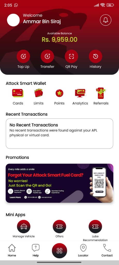 Fuel wallet app home screen with balance and quick actions