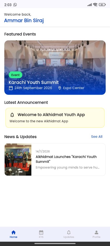 KYS volunteer app home screen with featured events and announcements