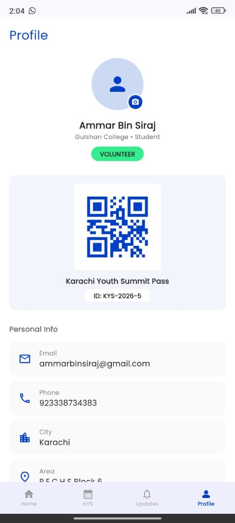 KYS volunteer profile with digital event pass and QR code
